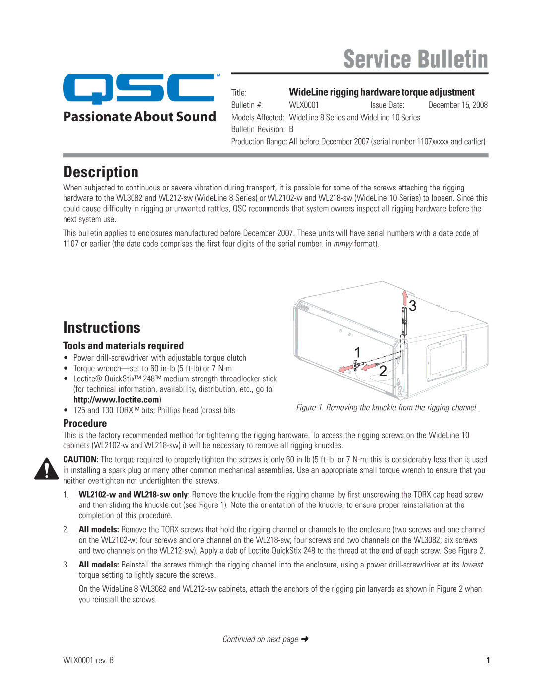 QSC Audio 10 SERIES manual Description, Instructions, TitleWideLine rigging hardware torque adjustment, Procedure 