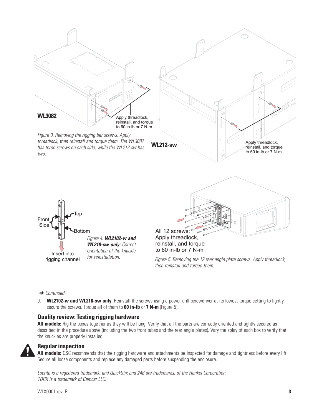 QSC Audio 10 SERIES, B SERIES manual Quality review Testing rigging hardware, Regular inspection 