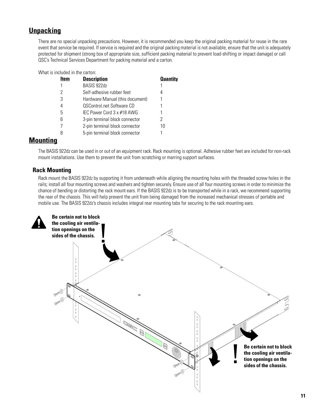 QSC Audio BASIS 922dz manual Unpacking, Rack Mounting, Description 