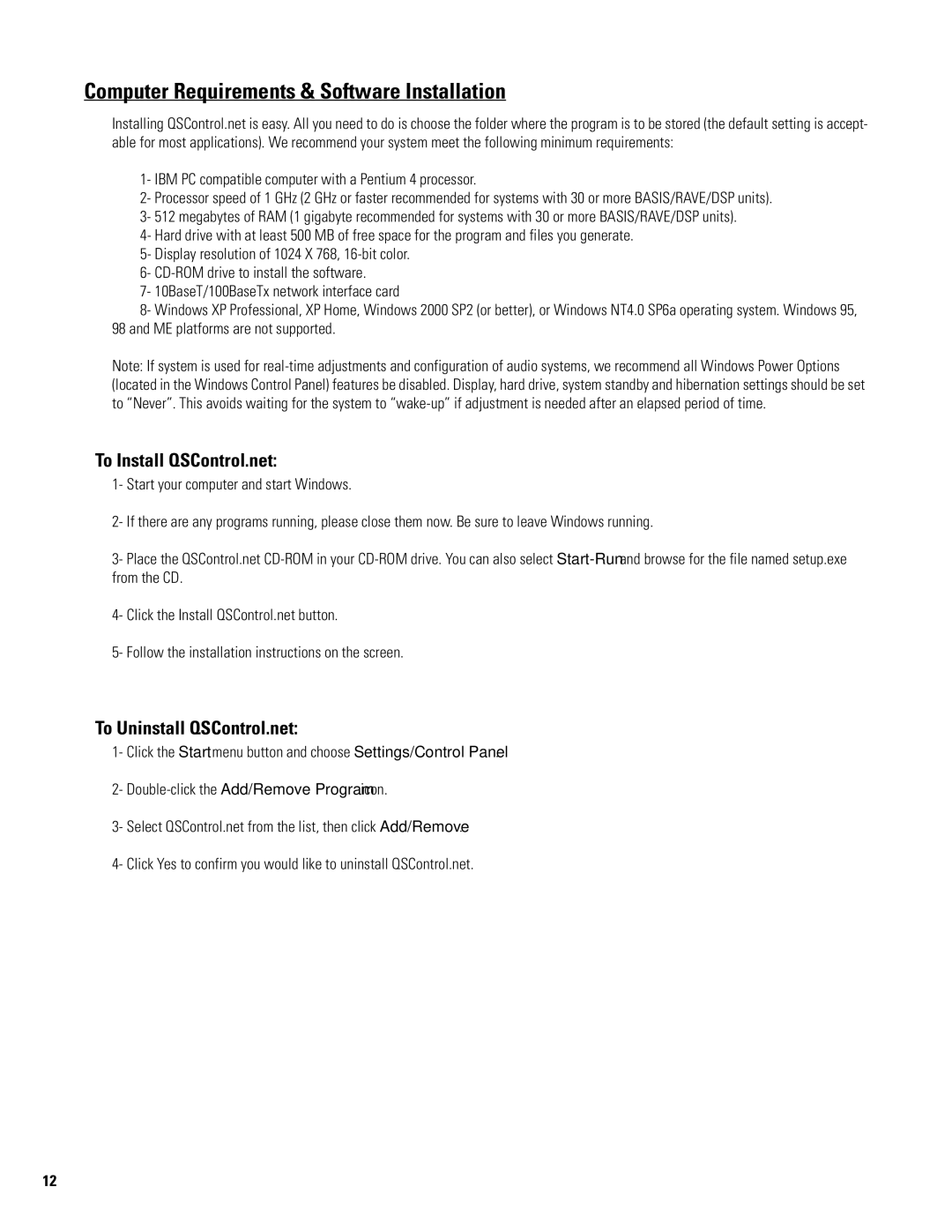 QSC Audio BASIS 922dz Computer Requirements & Software Installation, To Install QSControl.net, To Uninstall QSControl.net 