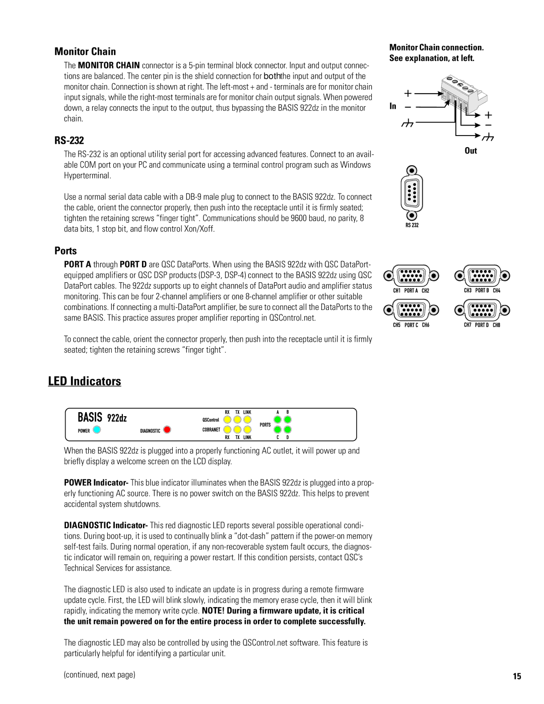 QSC Audio BASIS 922dz manual LED Indicators, RS-232, Ports, Monitor Chain connection See explanation, at left Out 