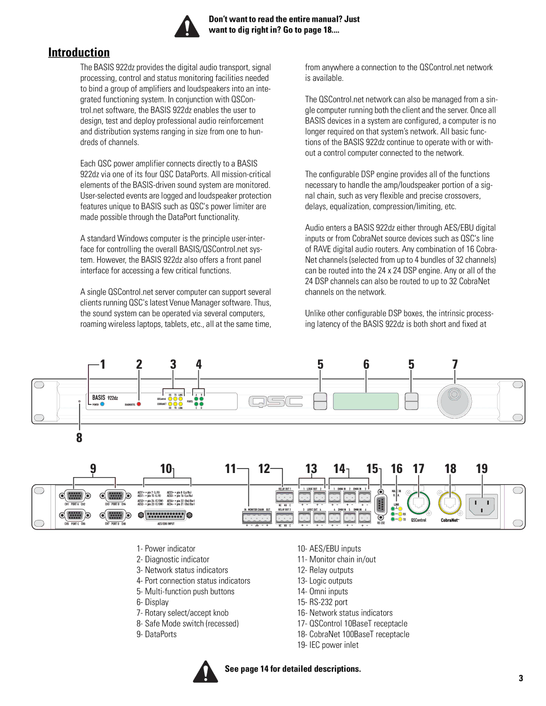 QSC Audio BASIS 922dz manual Introduction, See page 14 for detailed descriptions 