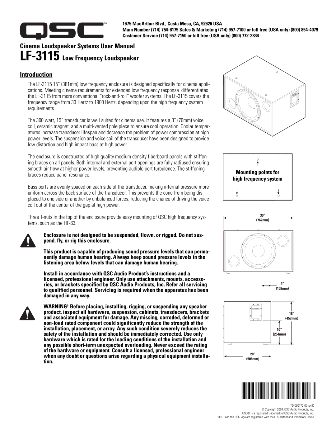 QSC Audio Cinema Low Frequency Loudspeaker user manual LF-3115Low Frequency Loudspeaker Introduction 