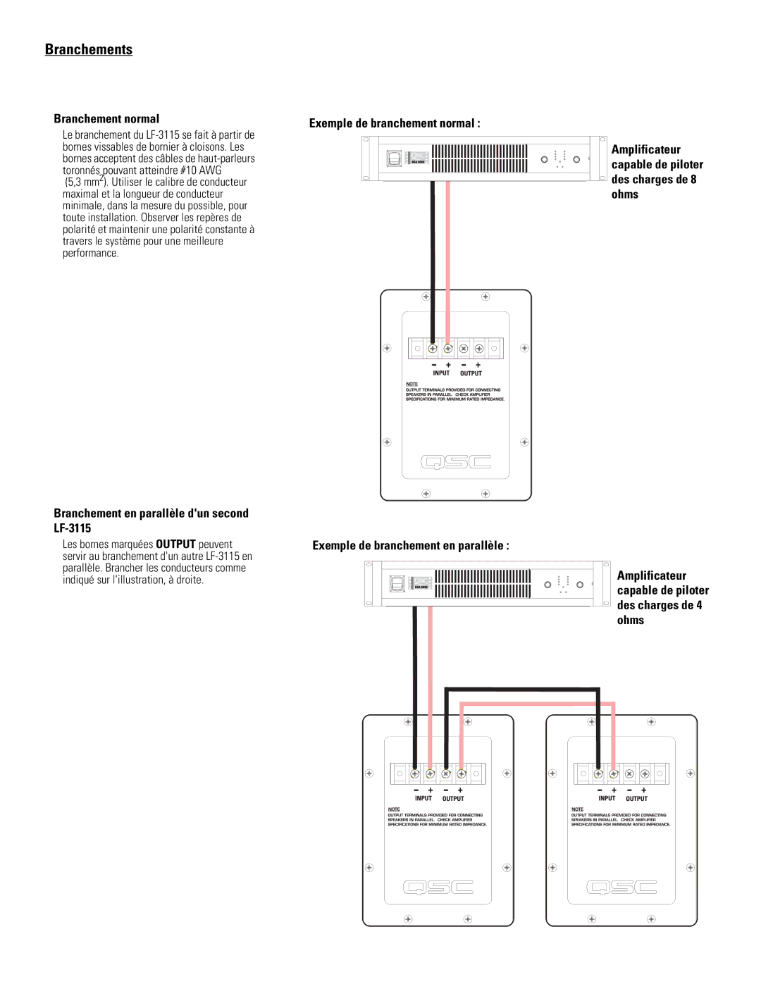 QSC Audio user manual Branchements, Branchement normal, Branchement en parallèle dun second LF-3115 