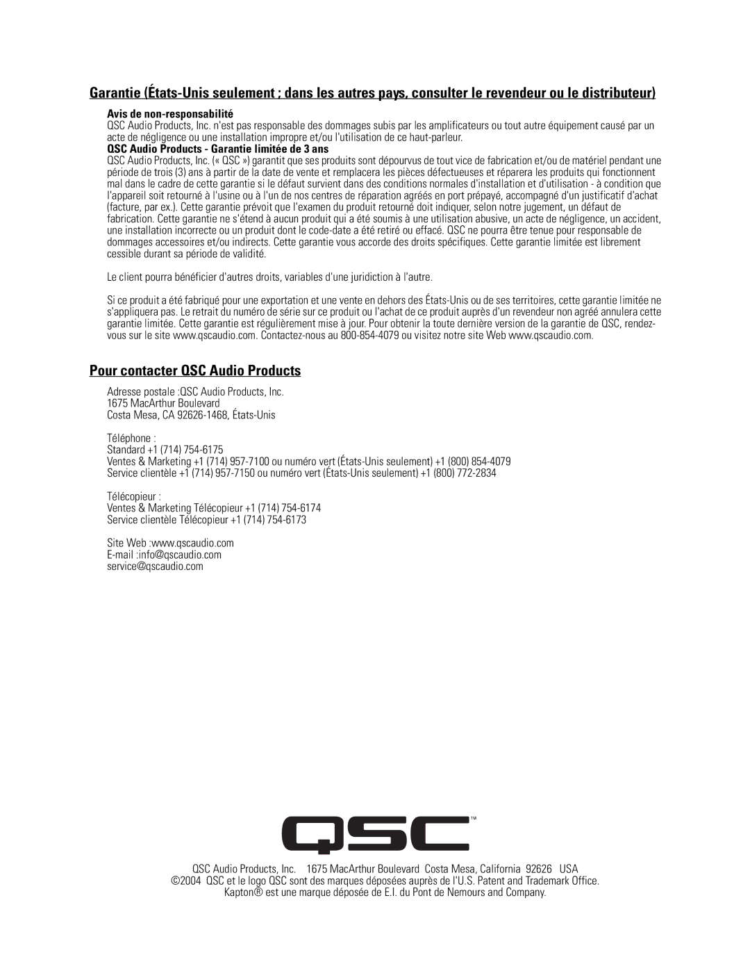 QSC Audio LF-3115, Cinema Low Frequency Loudspeaker Pour contacter QSC Audio Products, Avis de non-responsabilité 