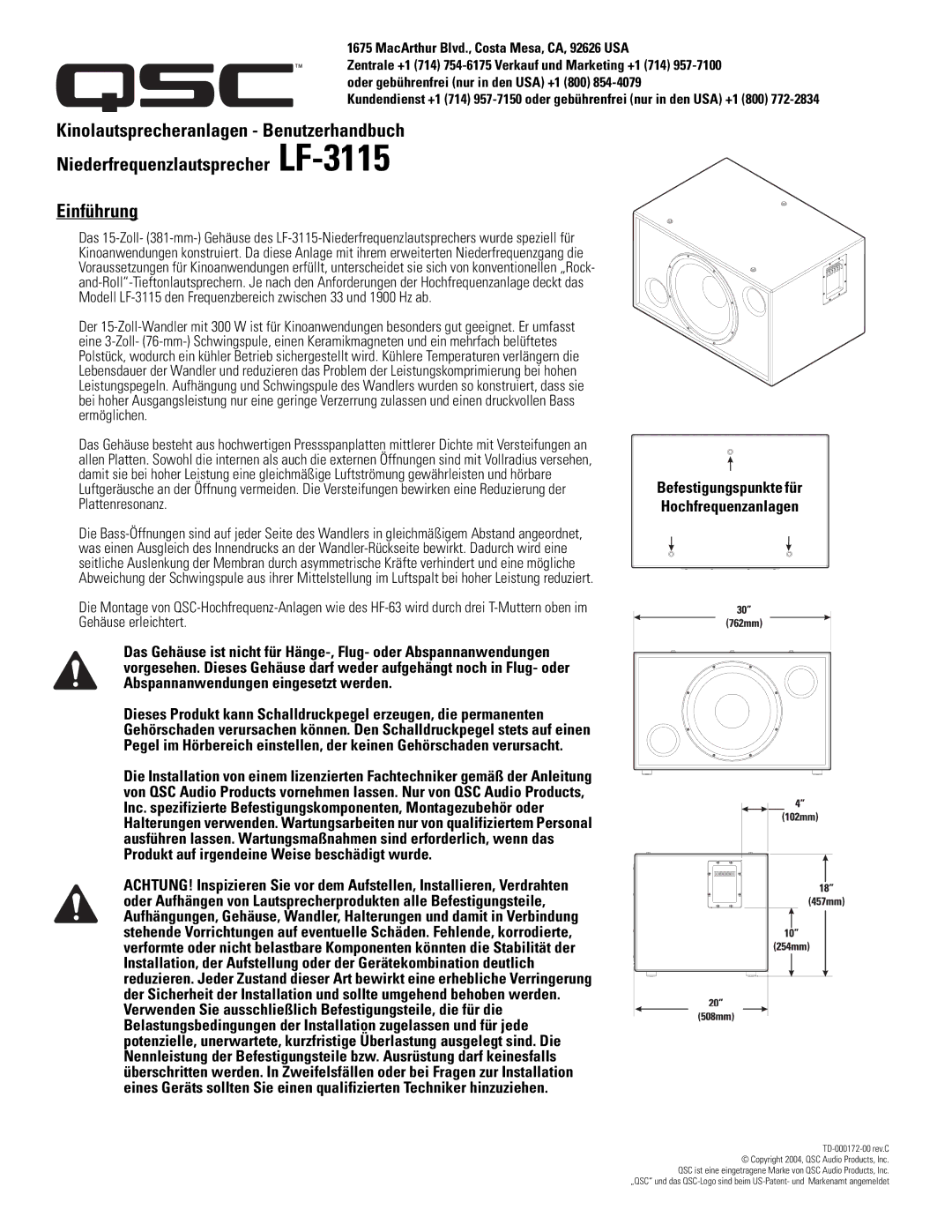 QSC Audio Cinema Low Frequency Loudspeaker, LF-3115 user manual Befestigungspunkte für Hochfrequenzanlagen 