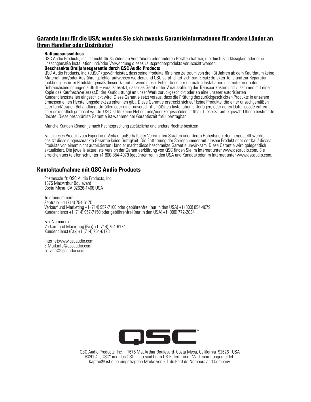 QSC Audio LF-3115, Cinema Low Frequency Loudspeaker user manual Kontaktaufnahme mit QSC Audio Products, Haftungsausschluss 