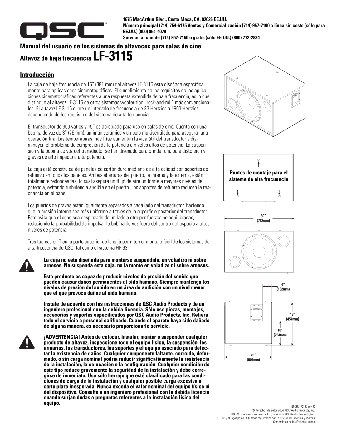 QSC Audio Cinema Low Frequency Loudspeaker, LF-3115 user manual 