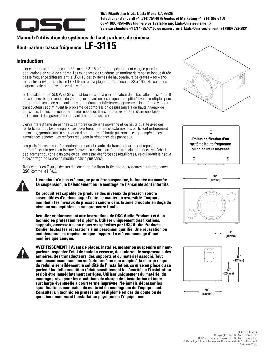 QSC Audio Cinema Low Frequency Loudspeaker, LF-3115 user manual MacArthur Blvd., Costa Mesa, CA 