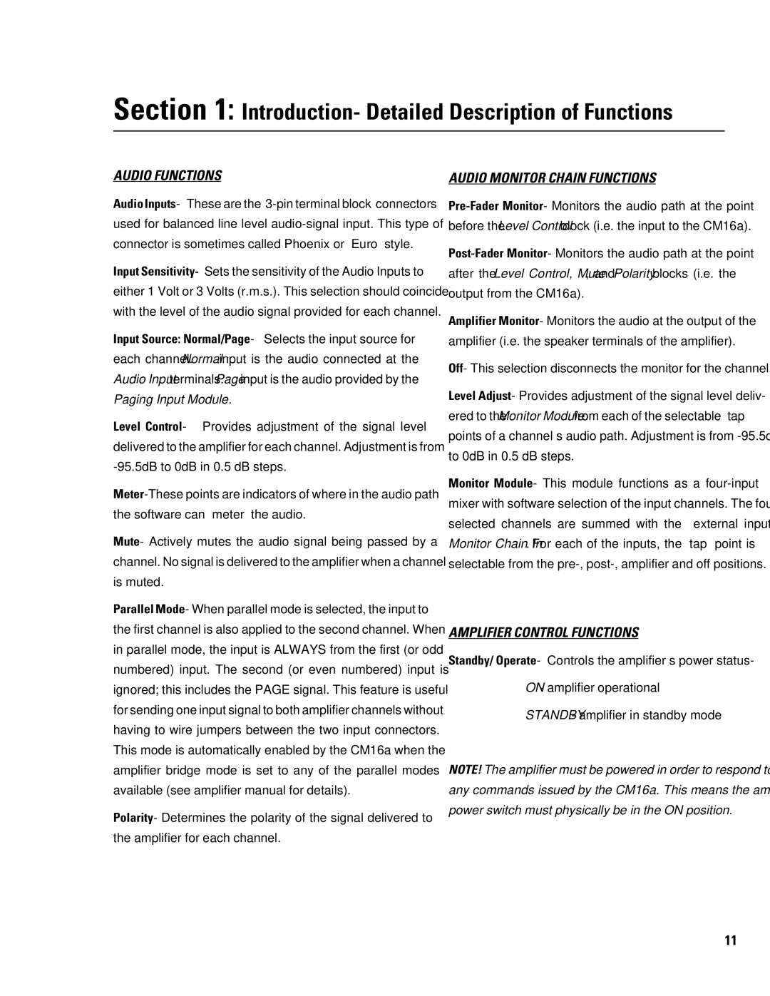 QSC Audio CM16a manual Introduction- Detailed Description of Functions 