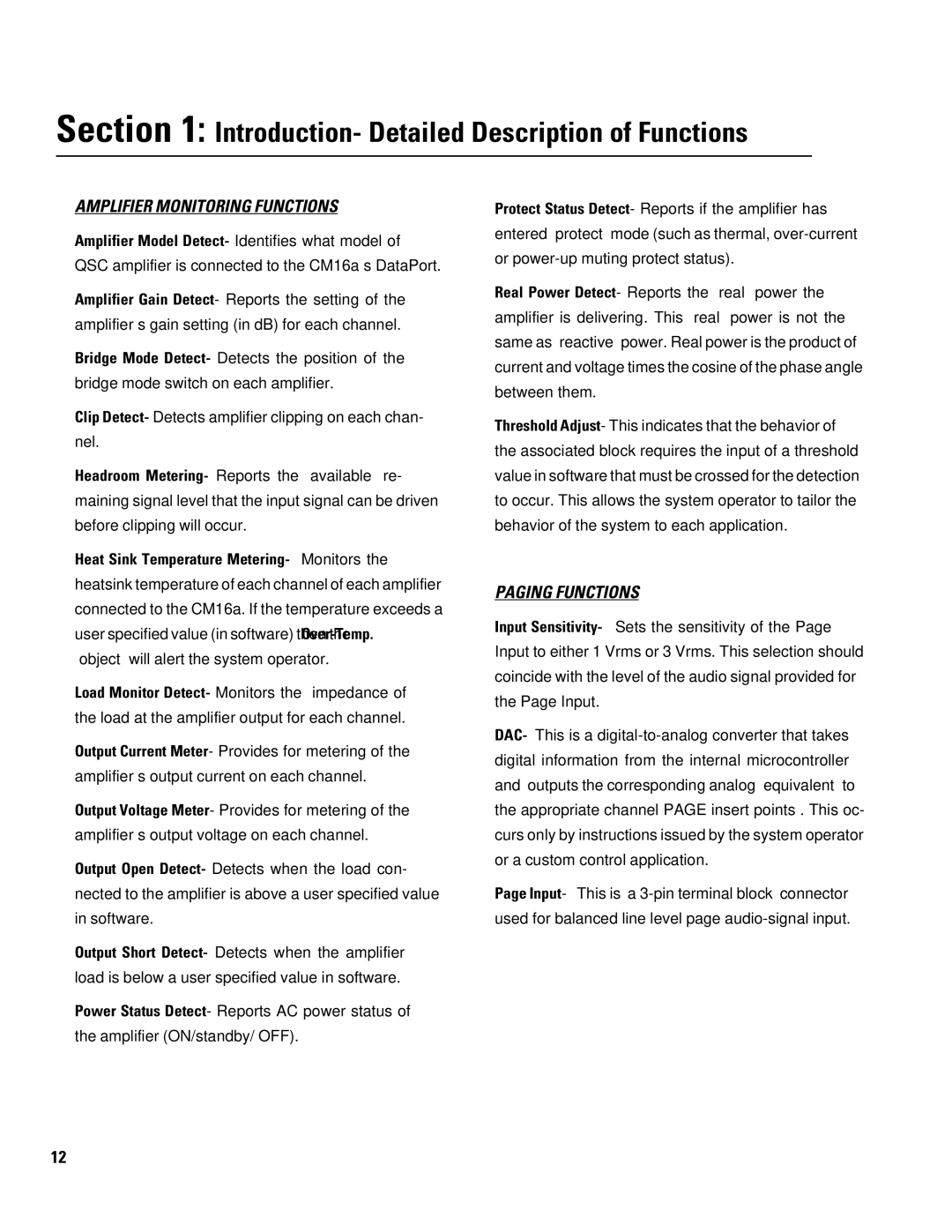 QSC Audio CM16a manual Introduction- Detailed Description of Functions, Amplifier Monitoring Functions 