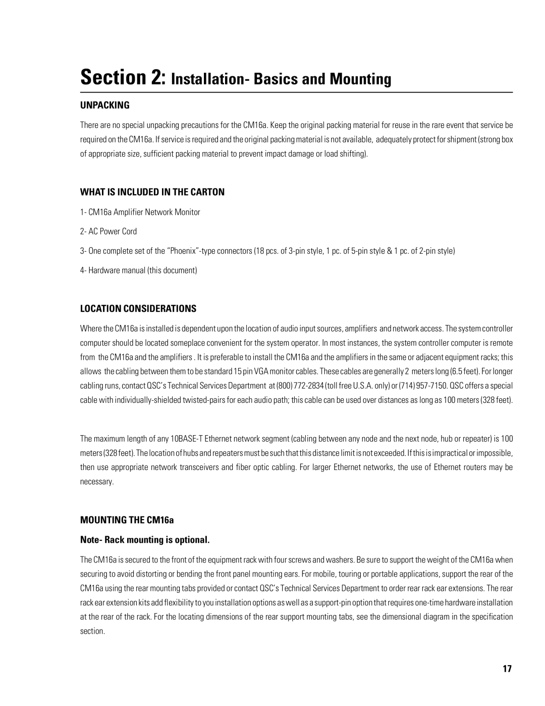 QSC Audio CM16a Installation- Basics and Mounting, Unpacking, What is Included in the Carton, Location Considerations 