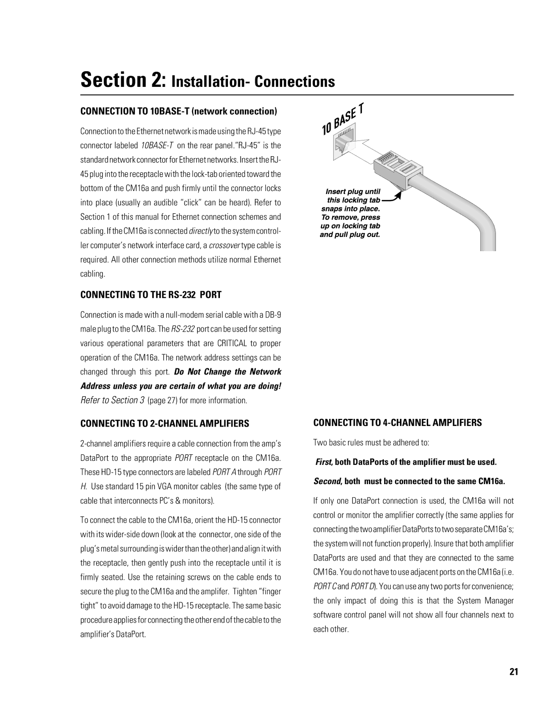 QSC Audio CM16a Connecting to the RS-232 Port, Connecting to 2-CHANNEL Amplifiers, Connecting to 4-CHANNEL Amplifiers 