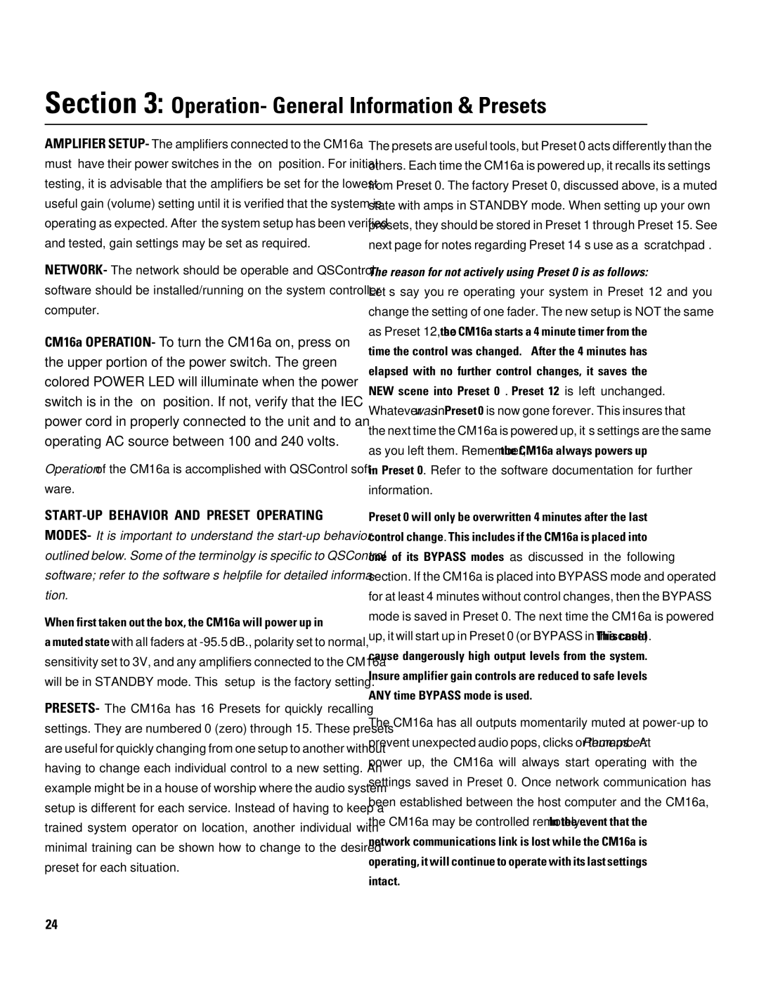 QSC Audio CM16a manual Operation- General Information & Presets, START-UP Behavior and Preset Operating 