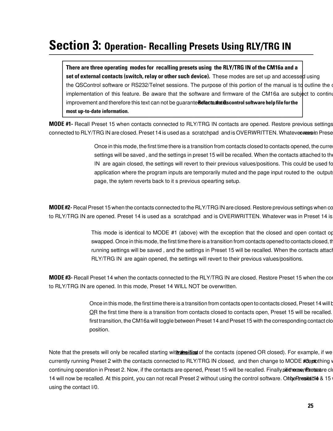 QSC Audio CM16a manual Operation- Recalling Presets Using RLY/TRG, Most up-to-date information 