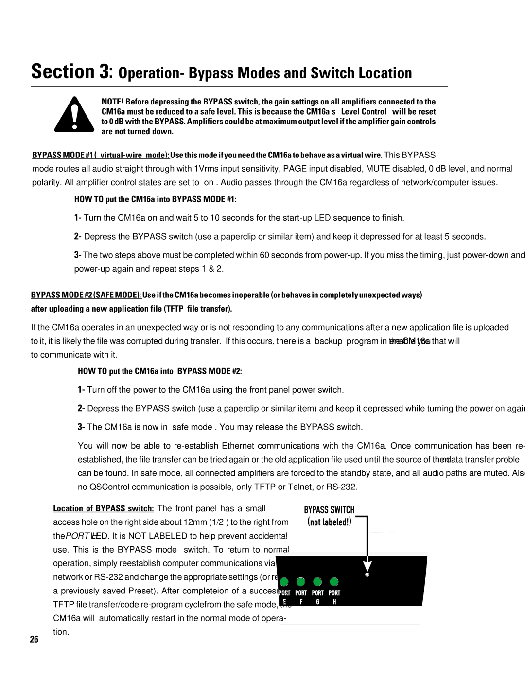 QSC Audio manual Operation- Bypass Modes and Switch Location, HOW to put the CM16a into Bypass Mode #1 