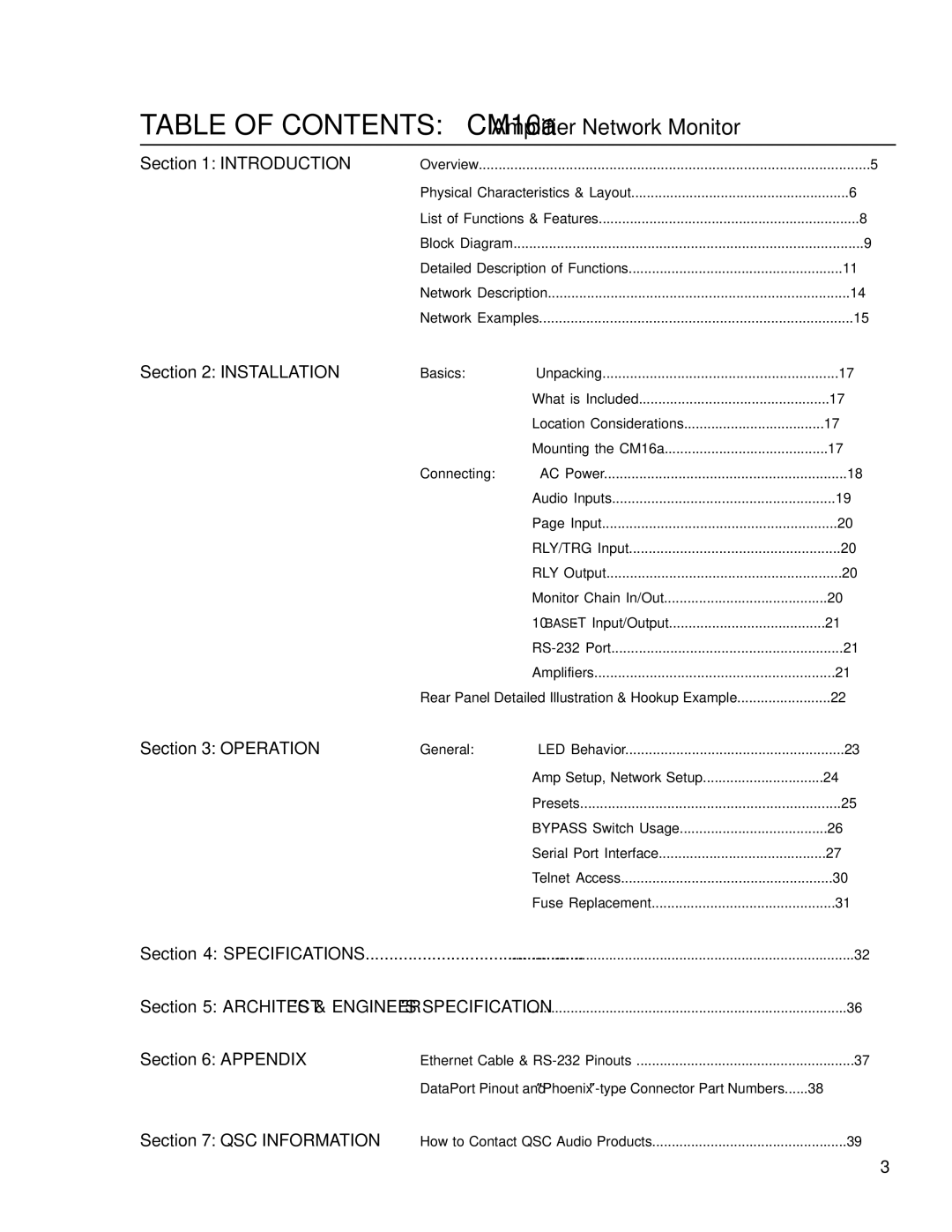 QSC Audio manual Table of Contents CM16a Amplifier Network Monitor 