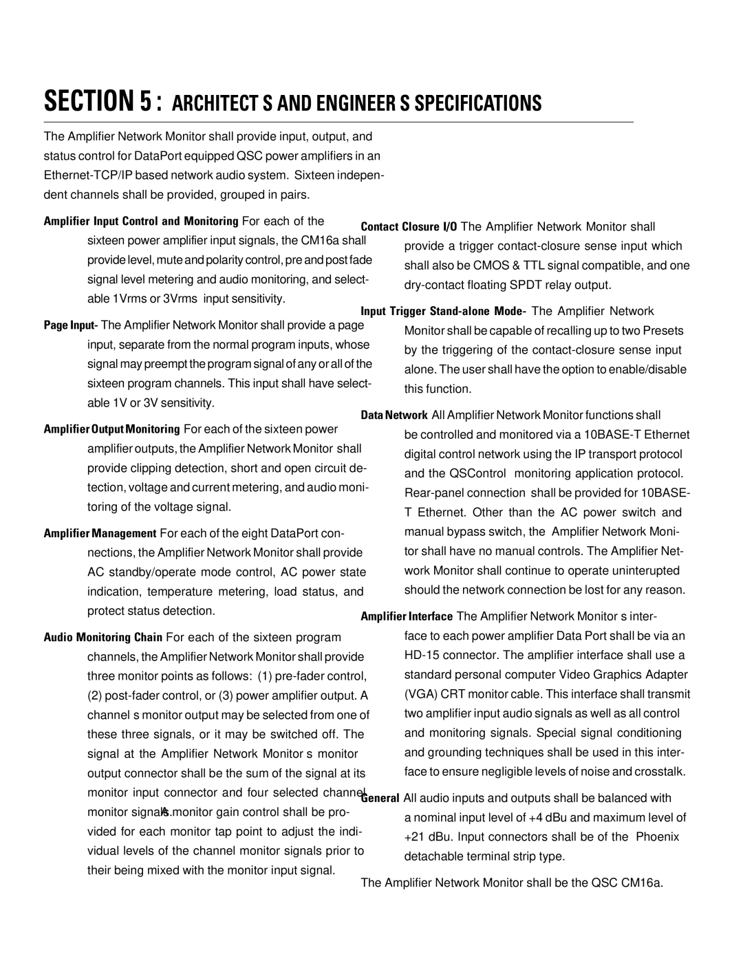 QSC Audio CM16a manual ARCHITECT’S and ENGINEER’S Specifications 