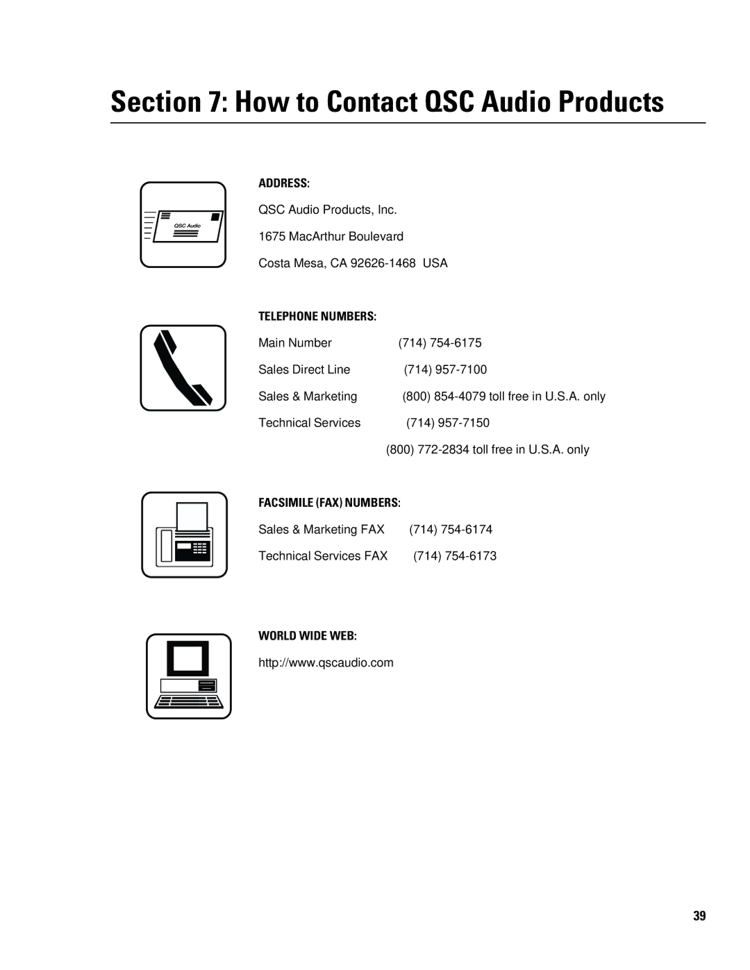 QSC Audio CM16a manual How to Contact QSC Audio Products 