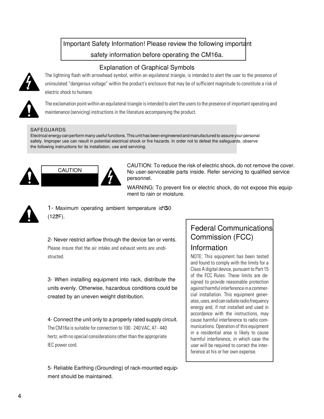 QSC Audio CM16a manual Federal Communications Commission FCC Information 