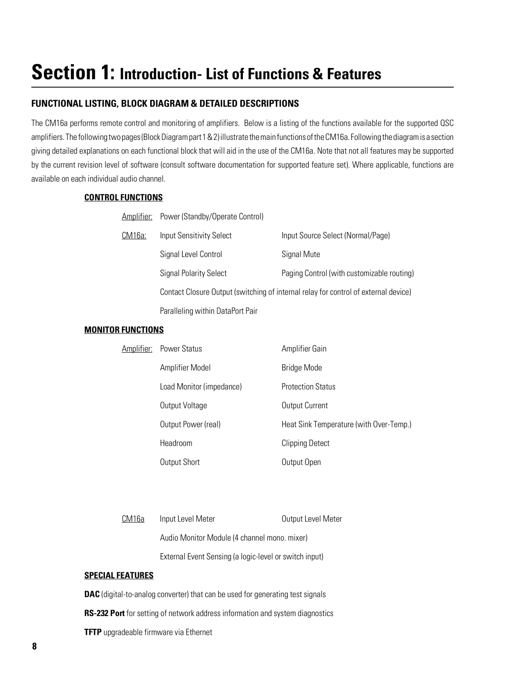 QSC Audio CM16a Introduction- List of Functions & Features, Functional LISTING, Block Diagram & Detailed Descriptions 