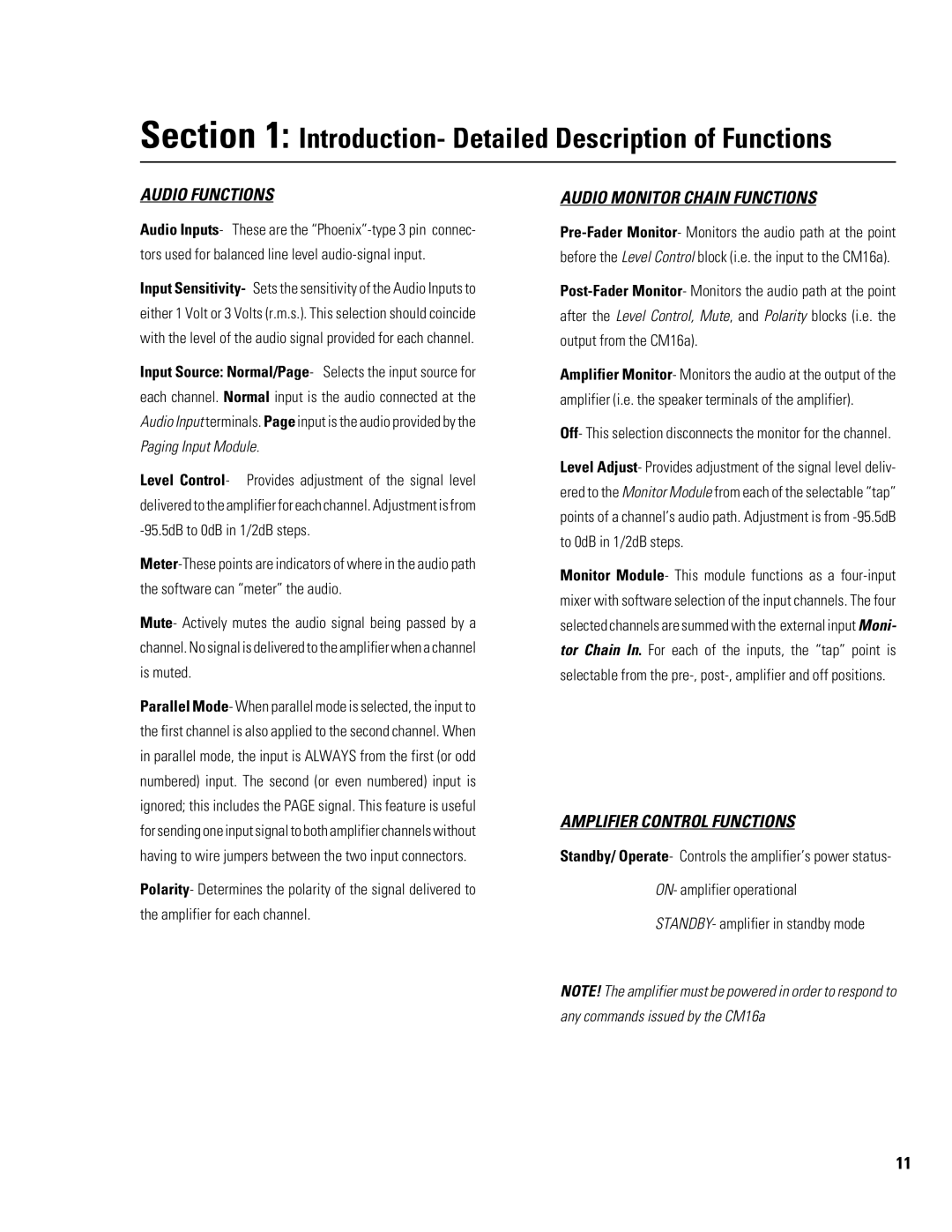 QSC Audio CM16a manual Introduction- Detailed Description of Functions 