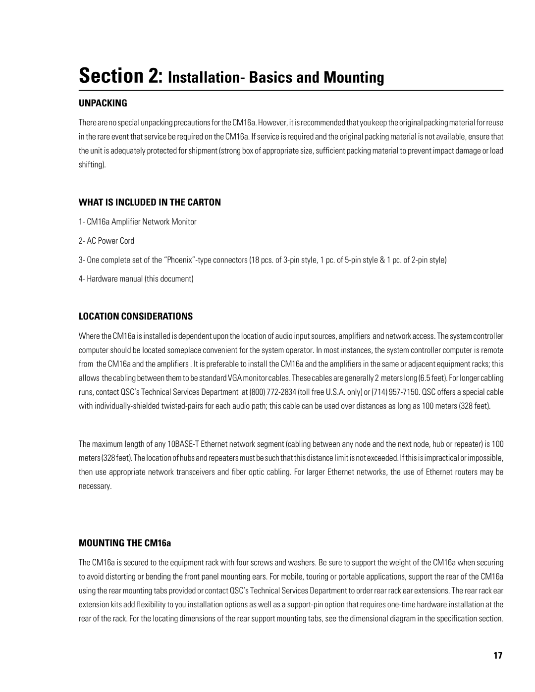 QSC Audio CM16a Installation- Basics and Mounting, Unpacking, What is Included in the Carton, Location Considerations 