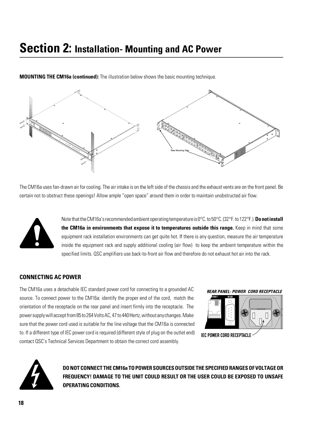 QSC Audio CM16a manual Installation- Mounting and AC Power, Connecting AC Power 