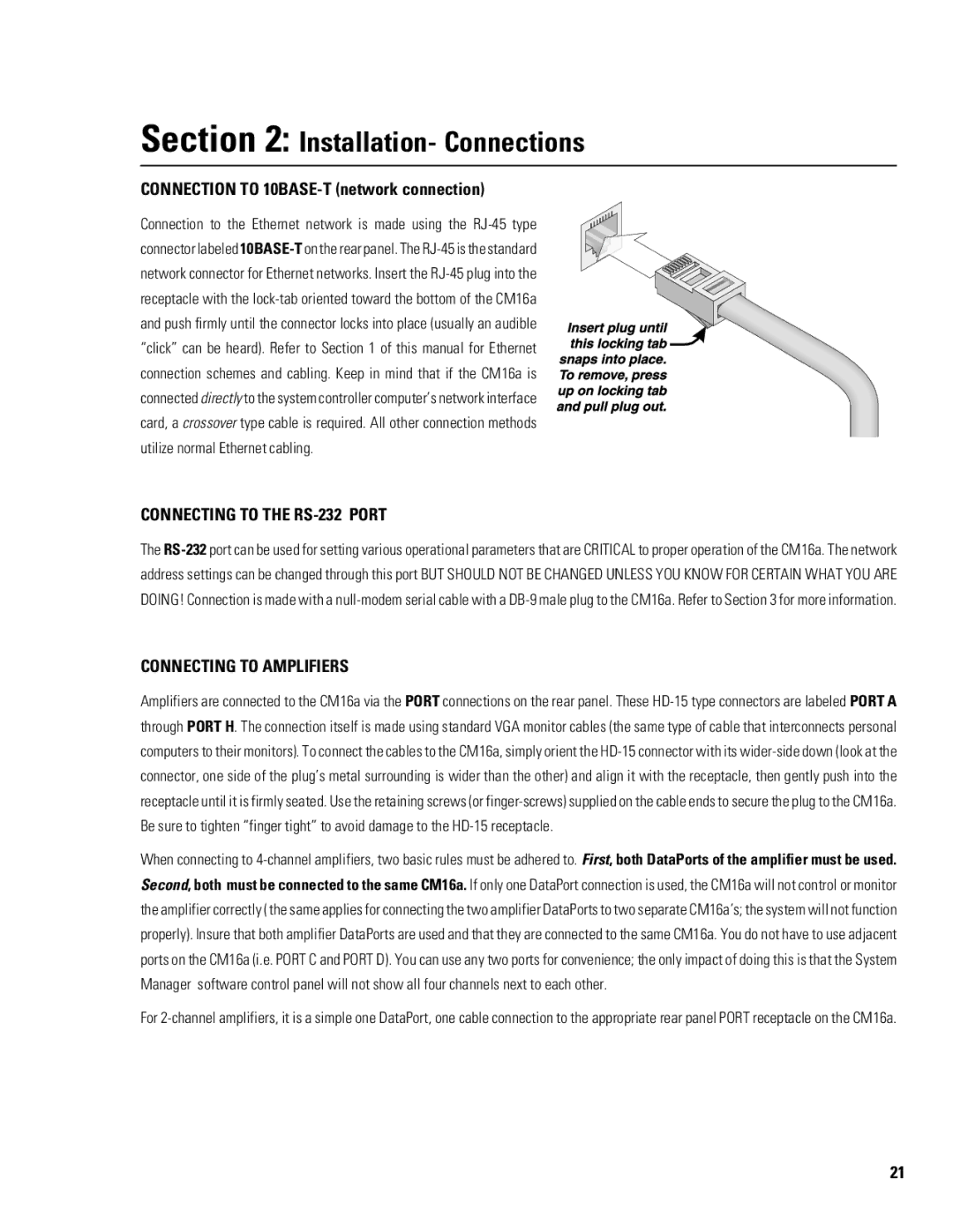 QSC Audio CM16a manual Connecting to the RS-232 Port, Connecting to Amplifiers 