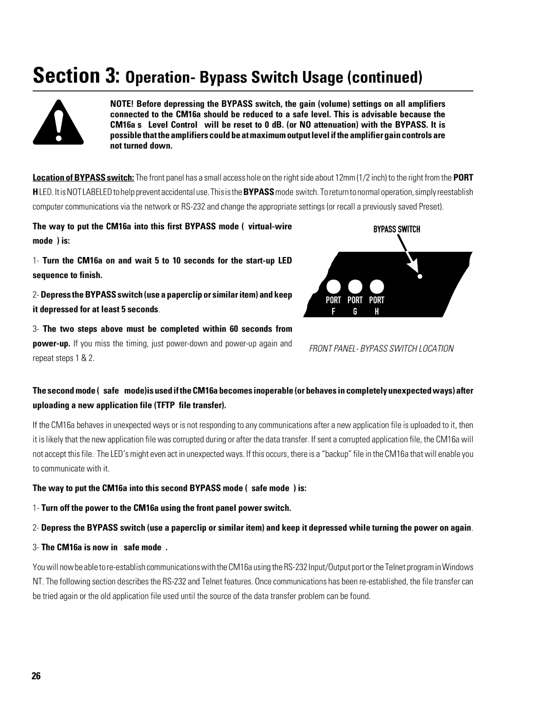 QSC Audio CM16a manual Operation- Bypass Switch Usage, Uploading a new application file Tftp file transfer 