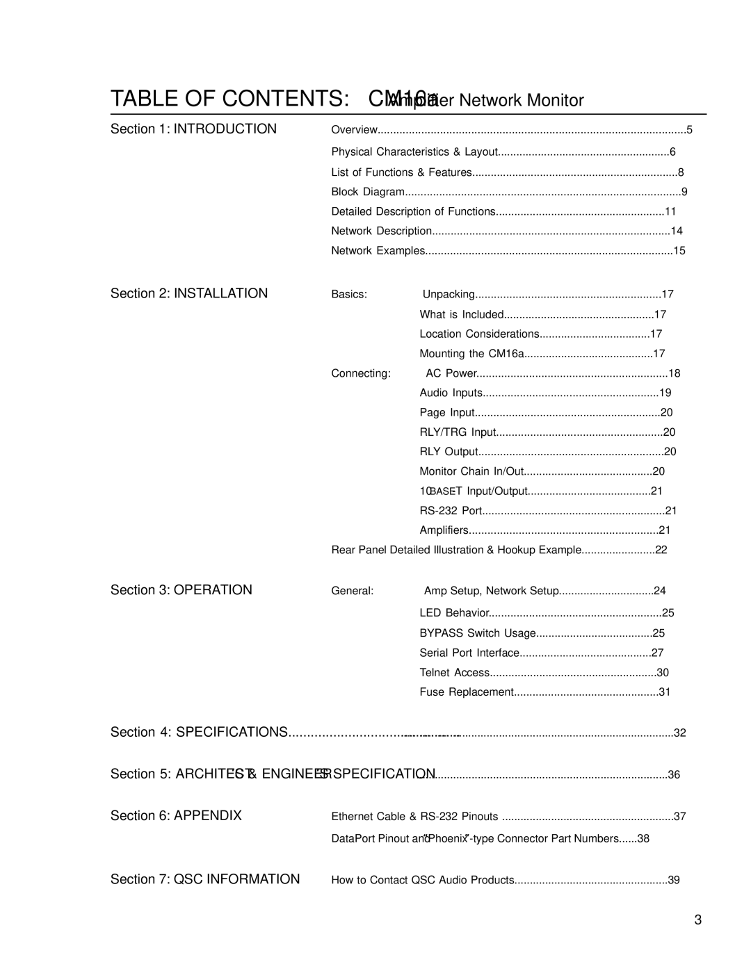 QSC Audio manual Table of Contents CM16a Amplifier Network Monitor 