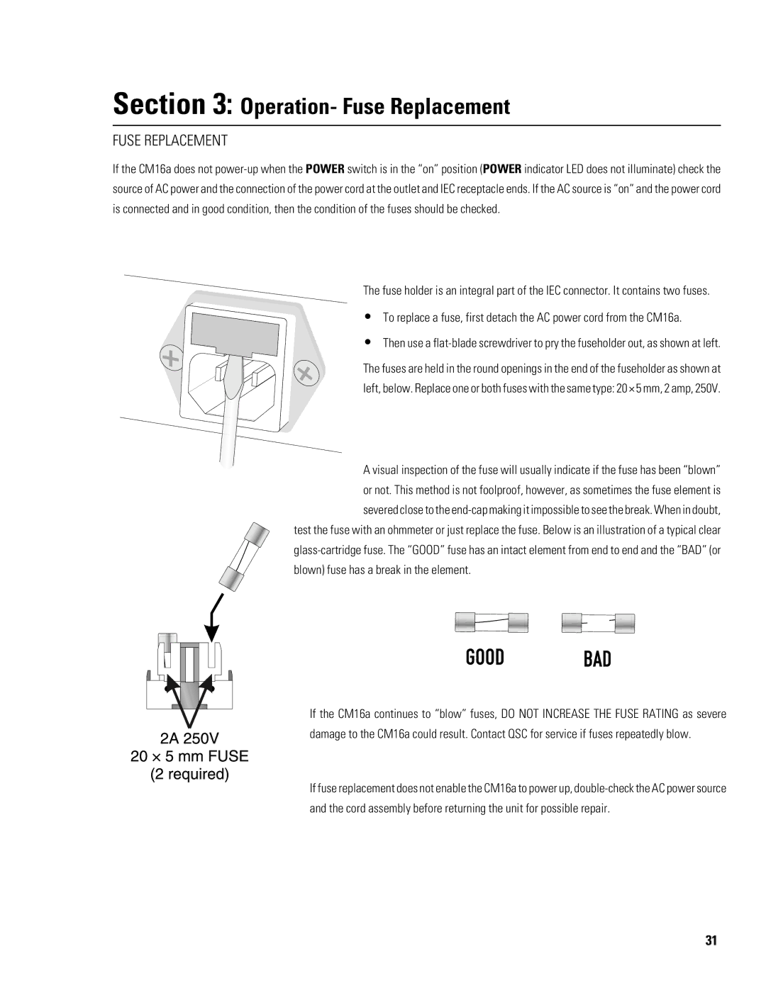 QSC Audio CM16a manual Operation- Fuse Replacement 