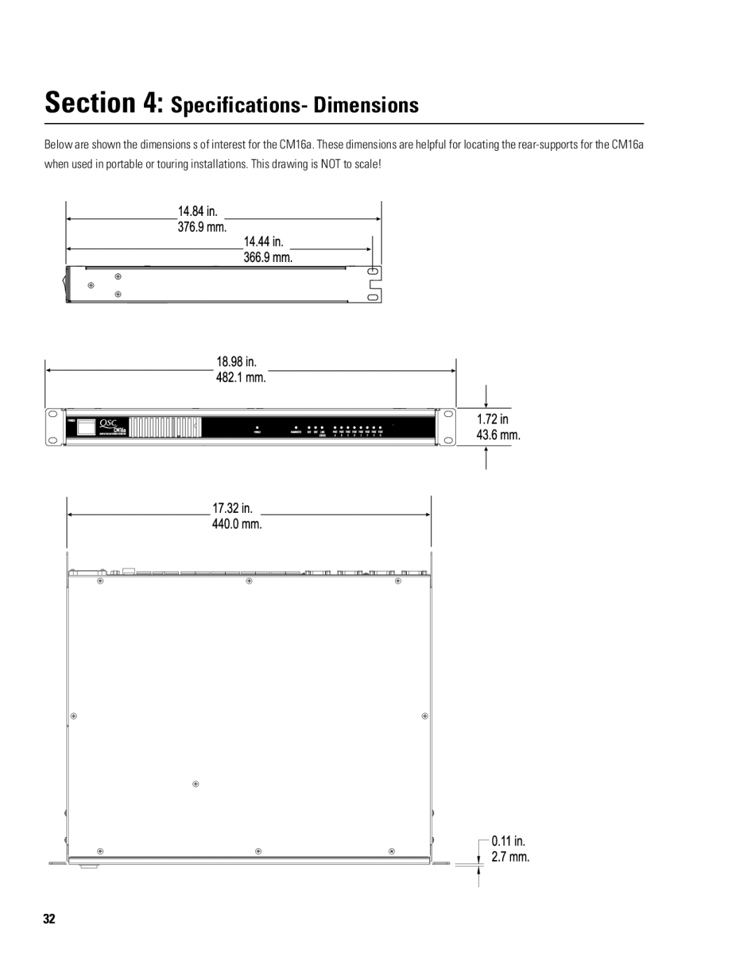 QSC Audio CM16a manual Specifications- Dimensions 