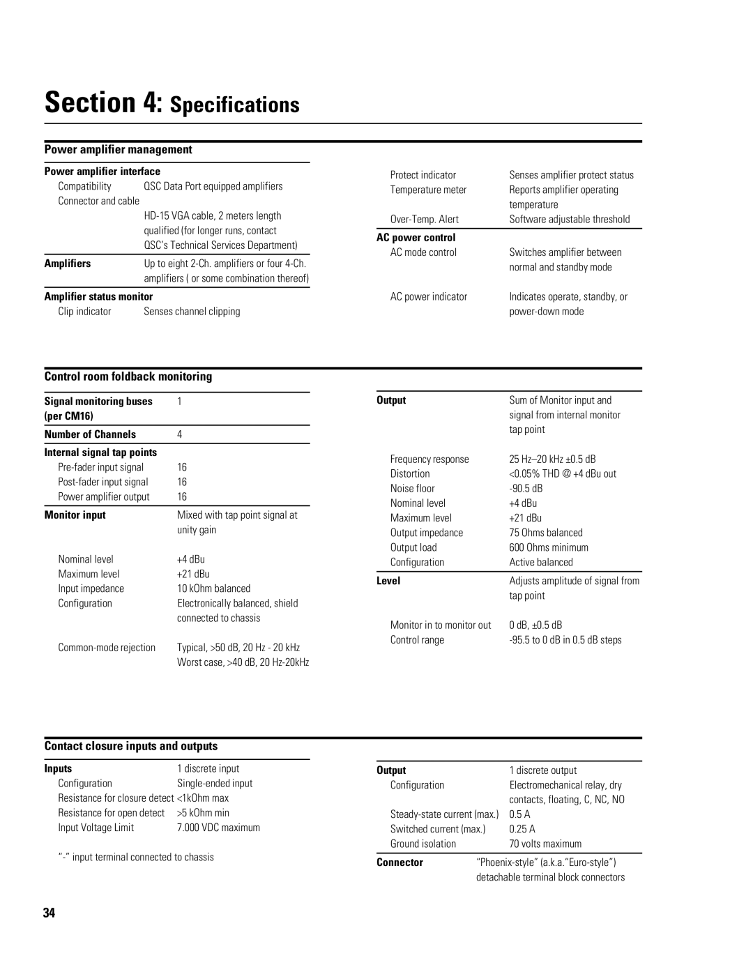 QSC Audio CM16a manual Power amplifier management, Control room foldback monitoring, Contact closure inputs and outputs 