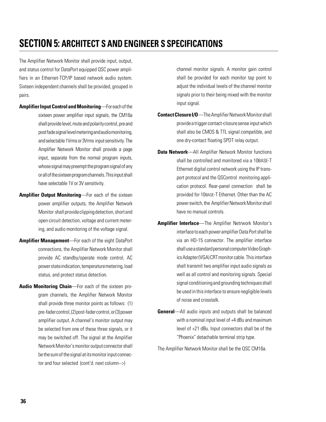 QSC Audio CM16a manual ARCHITECT’S and ENGINEER’S Specifications 