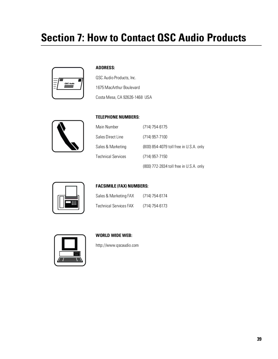 QSC Audio CM16a manual How to Contact QSC Audio Products 