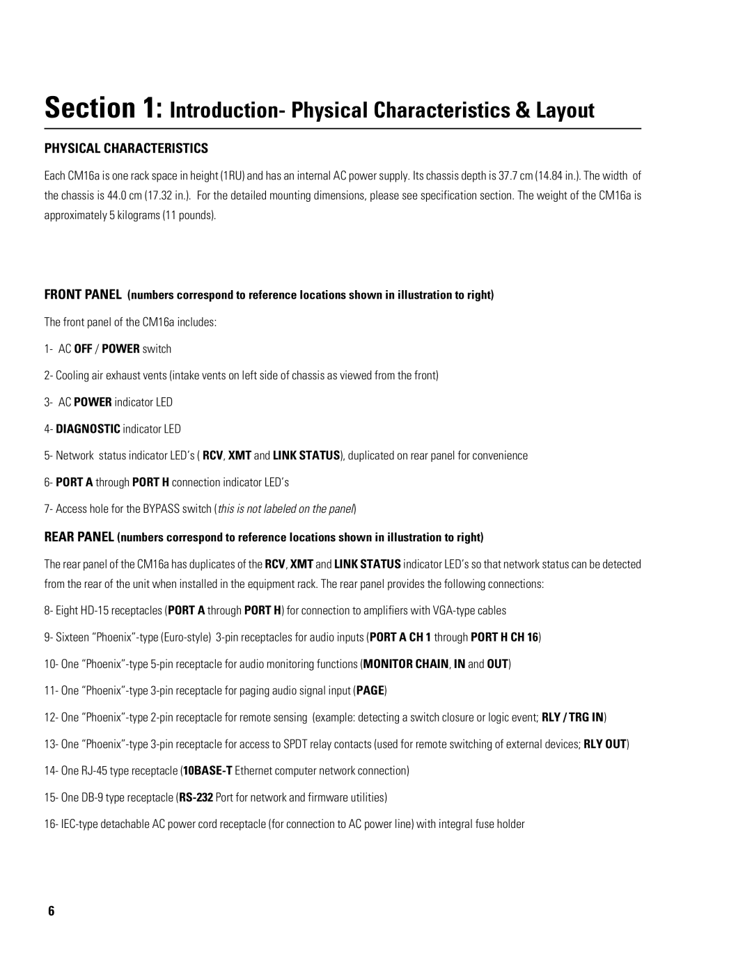 QSC Audio CM16a manual Introduction- Physical Characteristics & Layout 