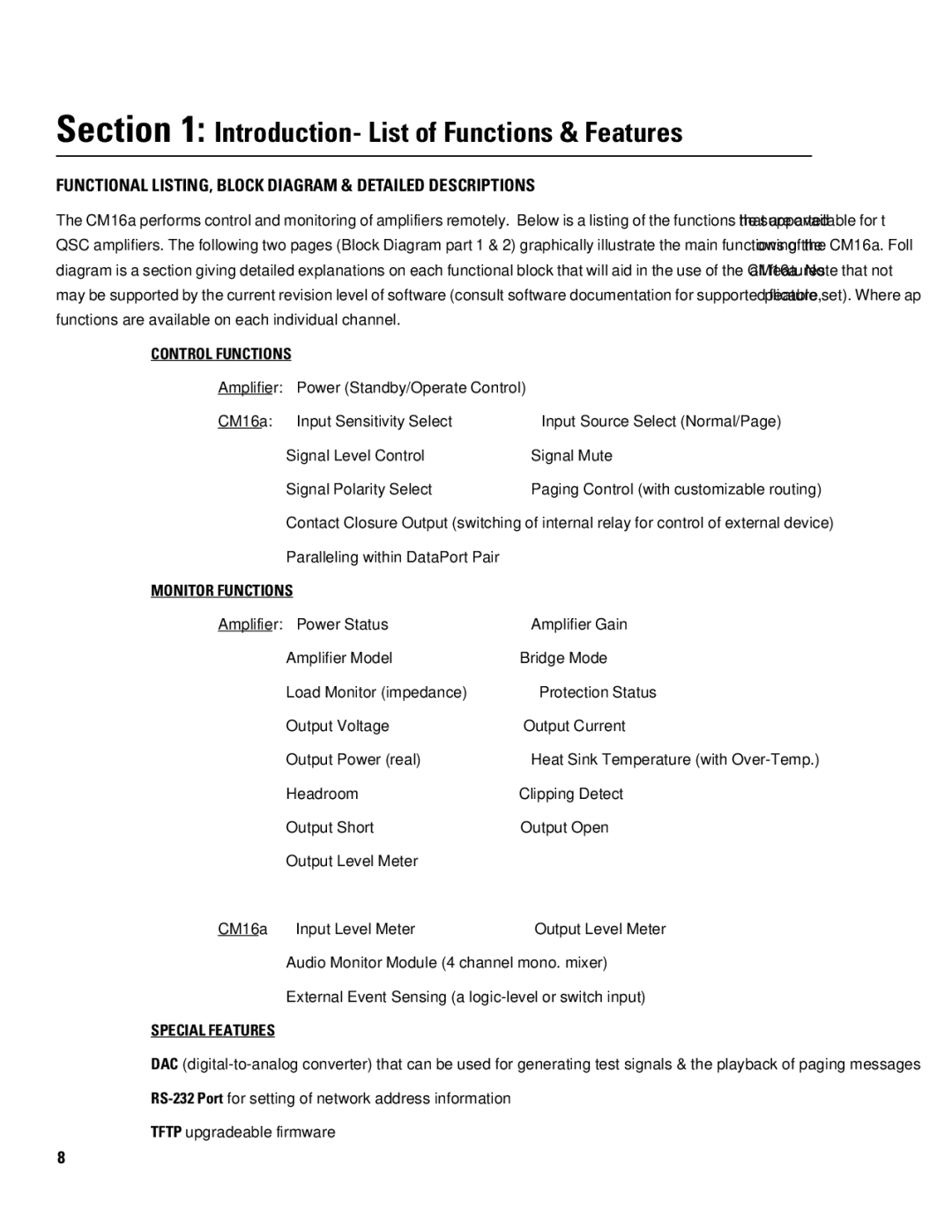 QSC Audio CM16a Introduction- List of Functions & Features, Functional LISTING, Block Diagram & Detailed Descriptions 