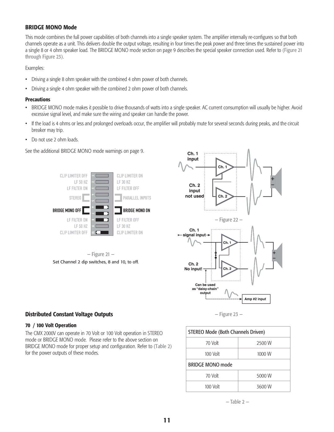 QSC Audio CMX 2000V user manual Bridge Mono Mode, Distributed Constant Voltage Outputs 