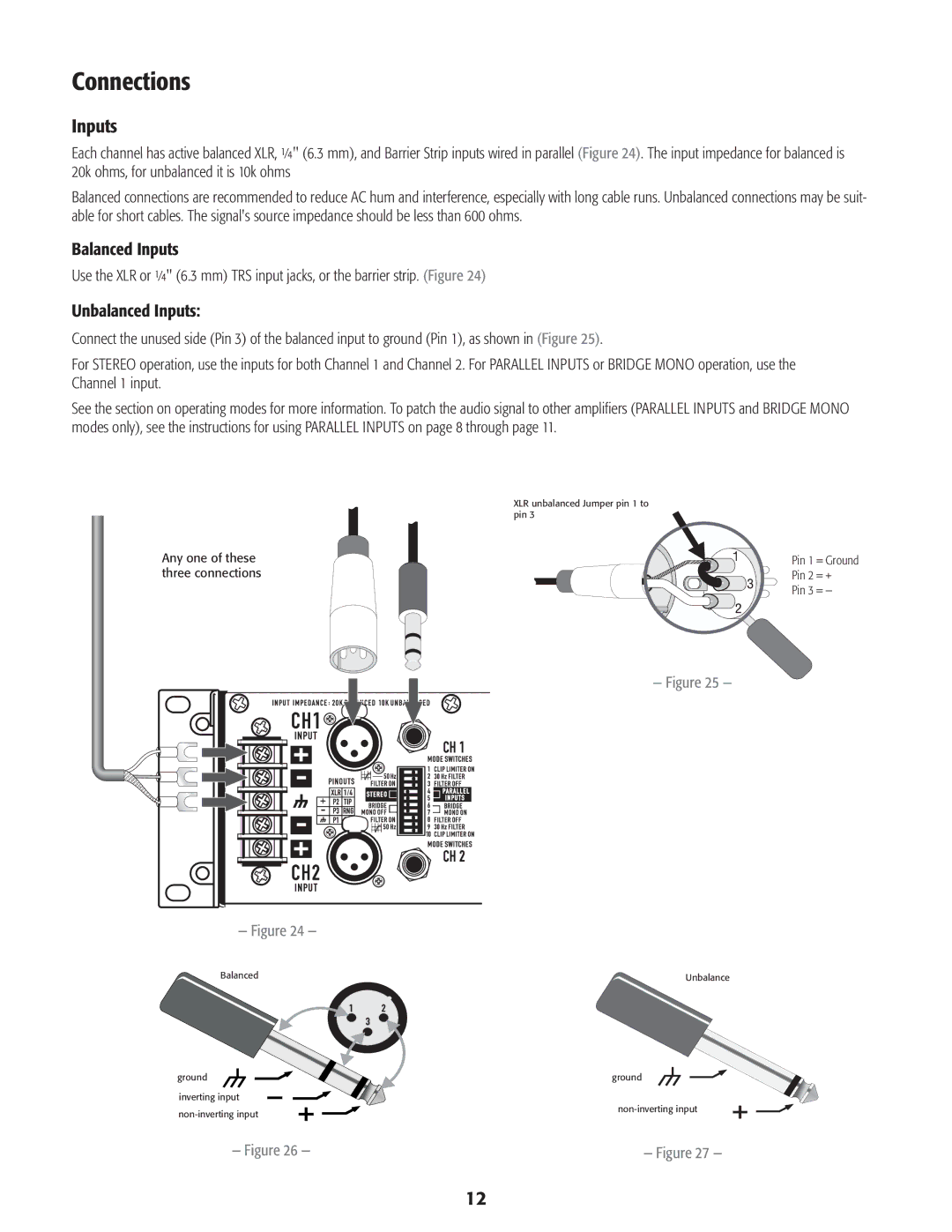 QSC Audio CMX 2000V user manual Connections, Balanced Inputs, Unbalanced Inputs 