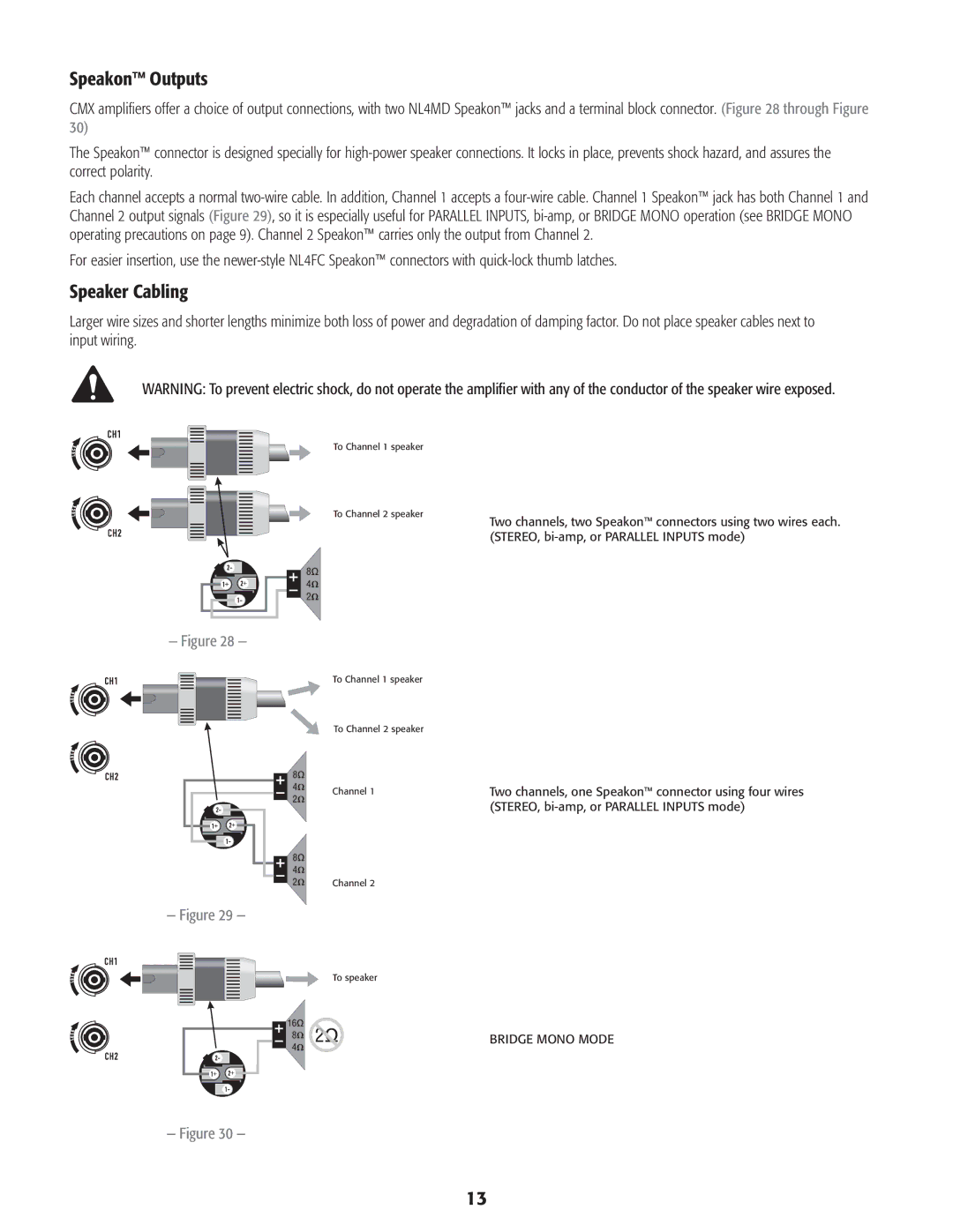 QSC Audio CMX 2000V user manual Speakon Outputs, Speaker Cabling 