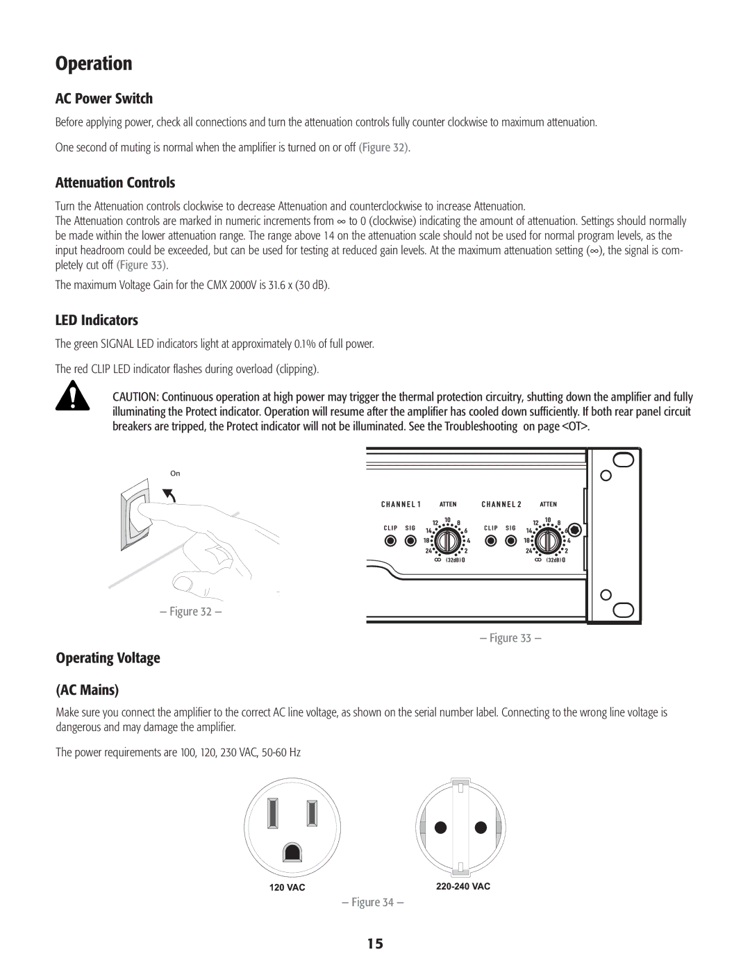 QSC Audio CMX 2000V Operation, AC Power Switch, Attenuation Controls, LED Indicators, Operating Voltage AC Mains 