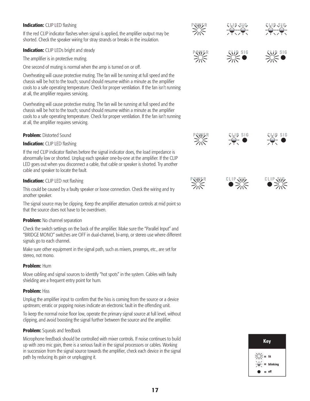 QSC Audio CMX 2000V user manual Problem Distorted Sound Indication Clip LED flashing, Problem Squeals and feedback 