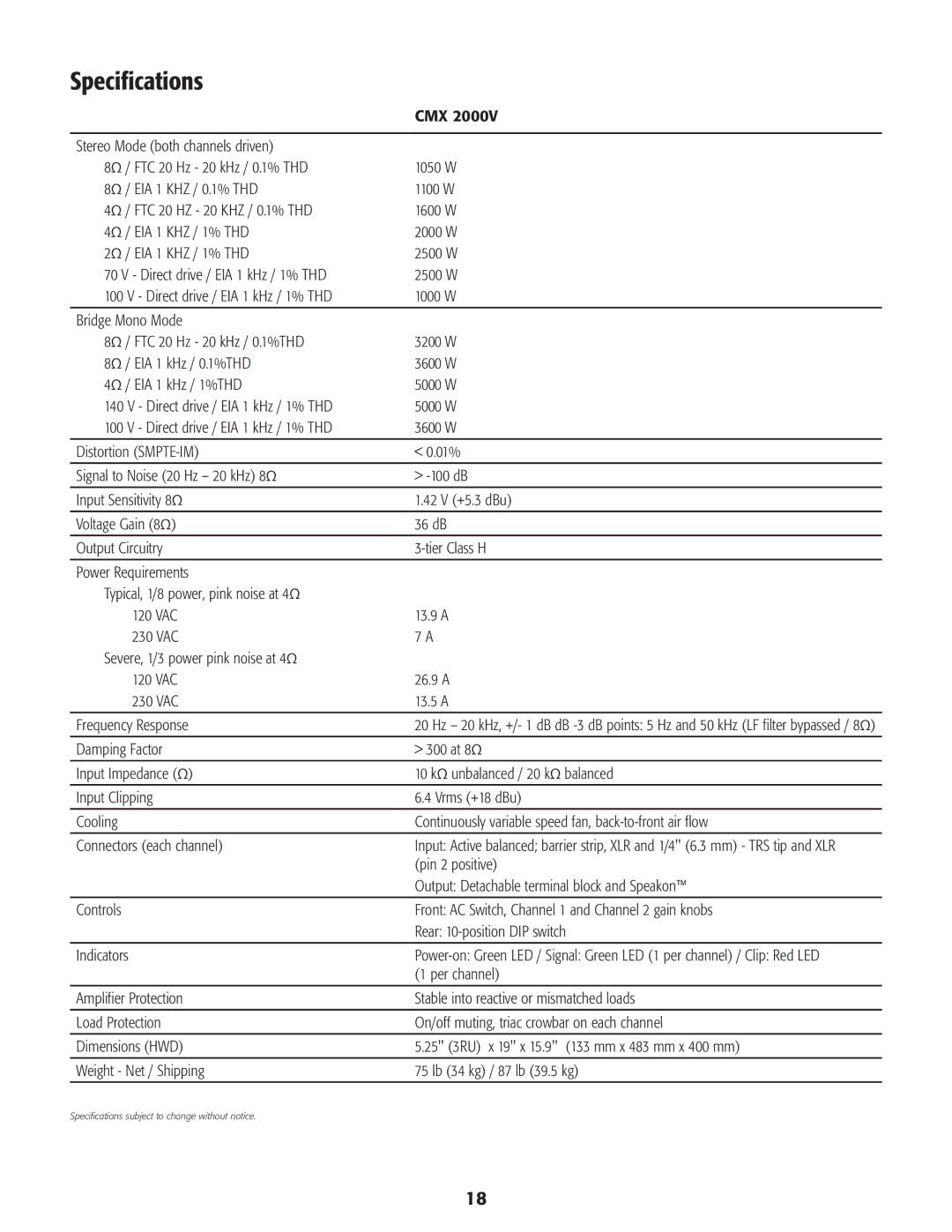 QSC Audio CMX 2000V Specifications, Cmx, Pin 2 positive, Output Detachable terminal block and Speakon, Per channel 