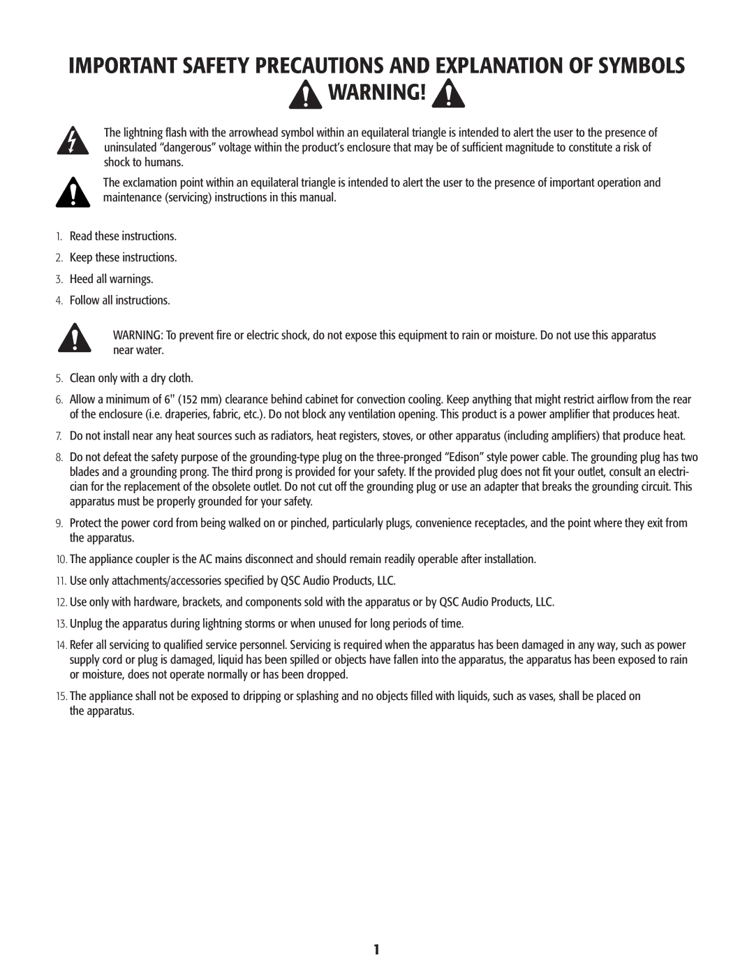 QSC Audio CMX 2000V user manual Important Safety Precautions and Explanation of Symbols 