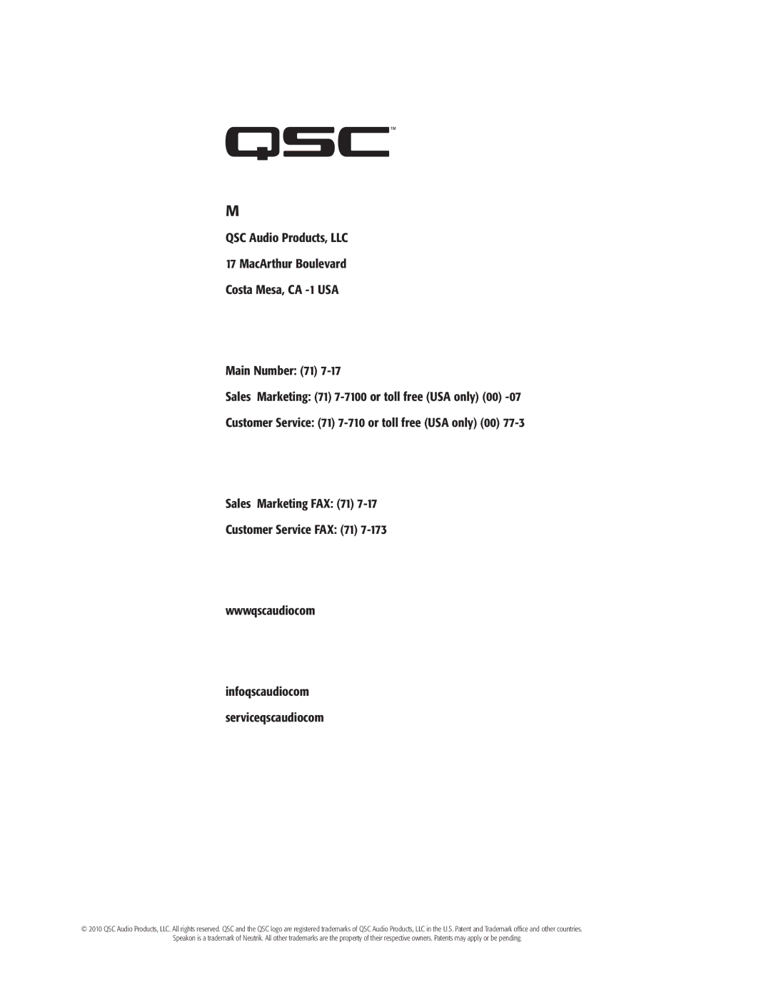 QSC Audio CMX 2000V user manual Mailing Address, Telephone Numbers, Facsimile Numbers, World Wide Web ‑mail 