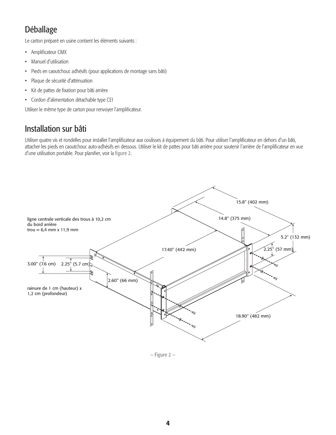 QSC Audio CMX 2000V user manual Déballage, Installation sur bâti 