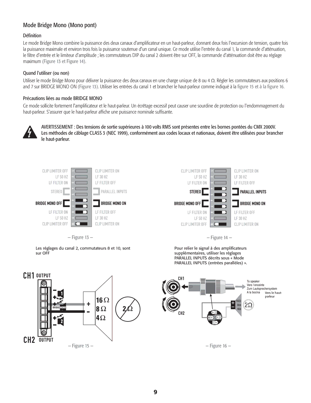 QSC Audio CMX 2000V user manual Mode Bridge Mono Mono pont, Précautions liées au mode Bridge Mono 