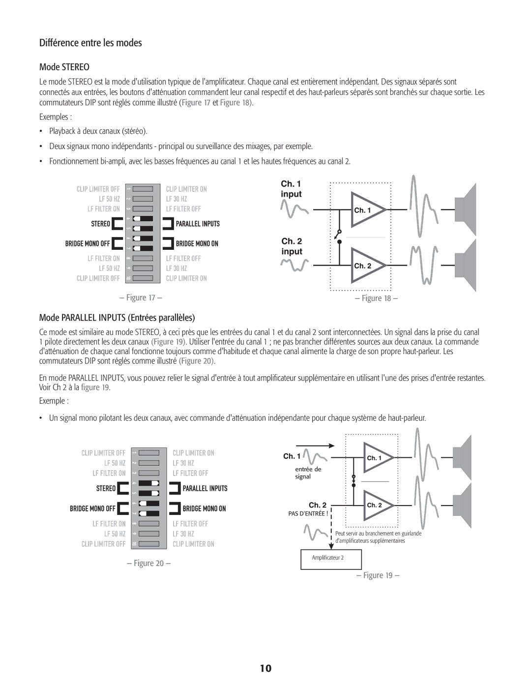 QSC Audio CMX 2000V user manual Différence entre les modes, Mode Stereo, Mode Parallel Inputs Entrées parallèles 