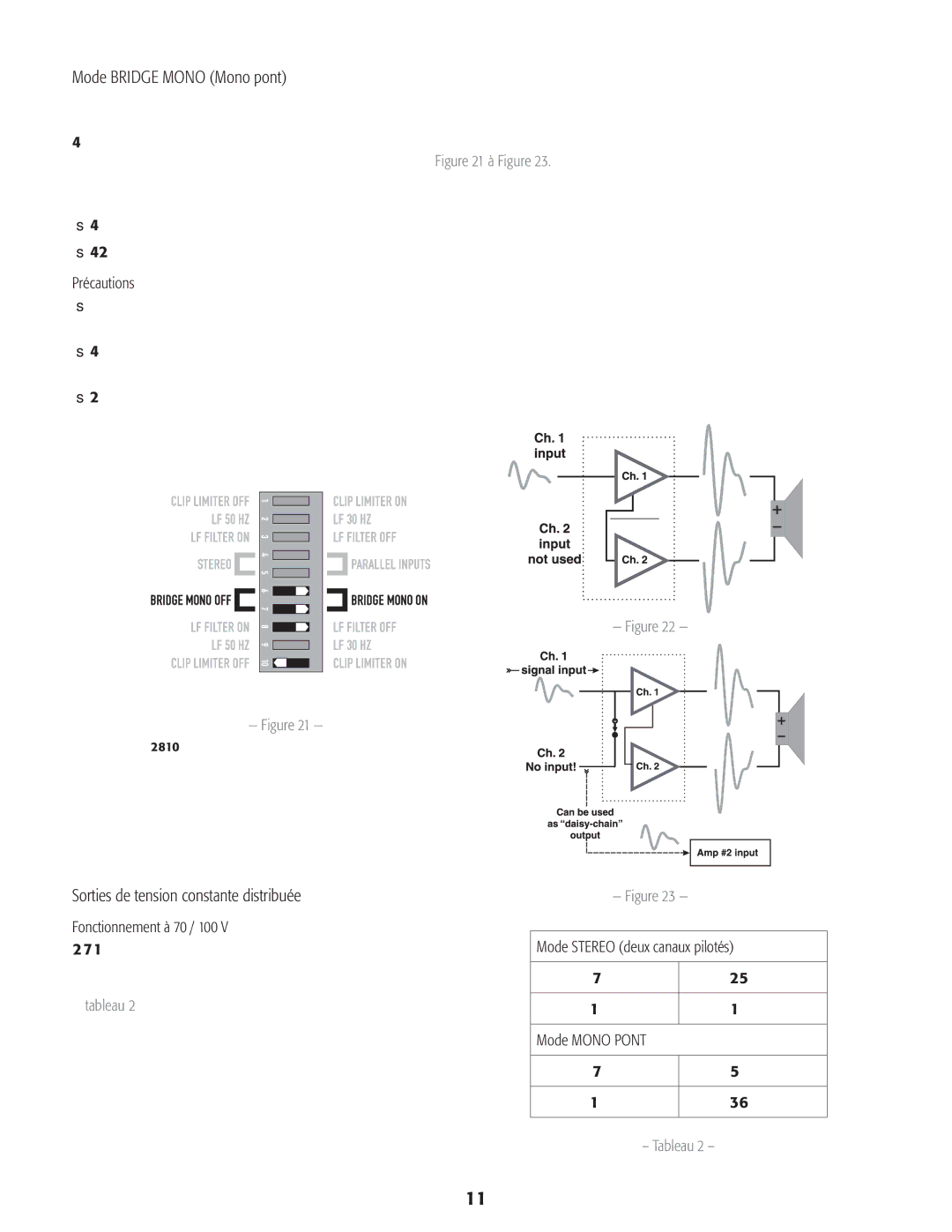 QSC Audio CMX 2000V user manual Mode Bridge Mono Mono pont, Sorties de tension constante distribuée 